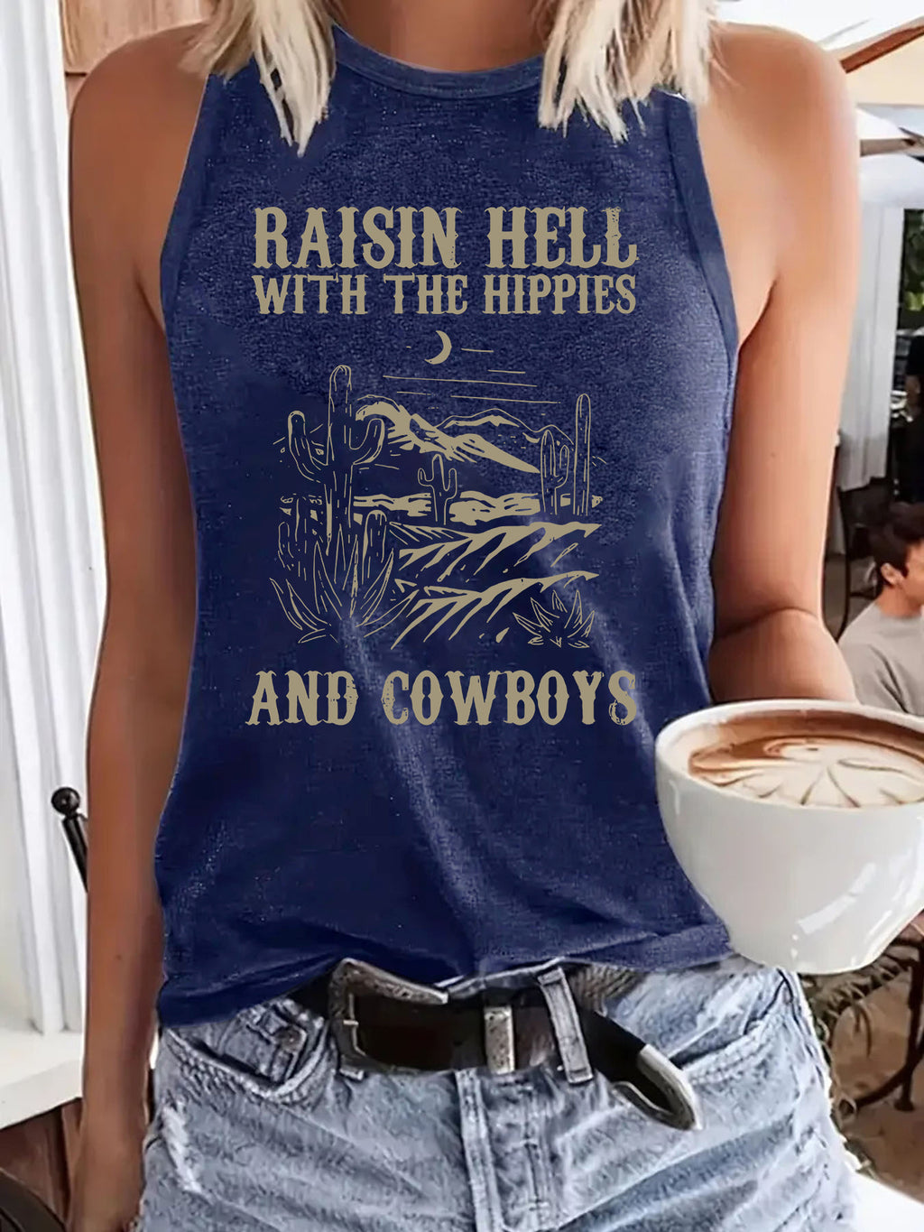 Western denim printed tank top