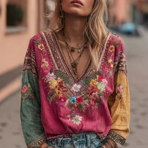 Women's casual vintage bohemian V-neck top ethnic style long sleeve