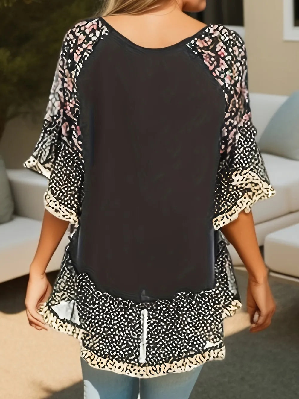Woman's Blouse Printed Round Neck Half Sleeve Top