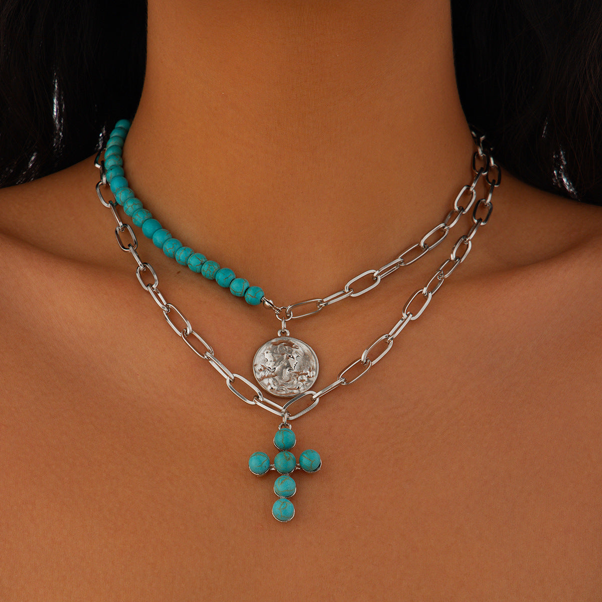 Fashionable multi-layer imitation turquoise necklace set with hexagonal star alloy geometric collarbone chain