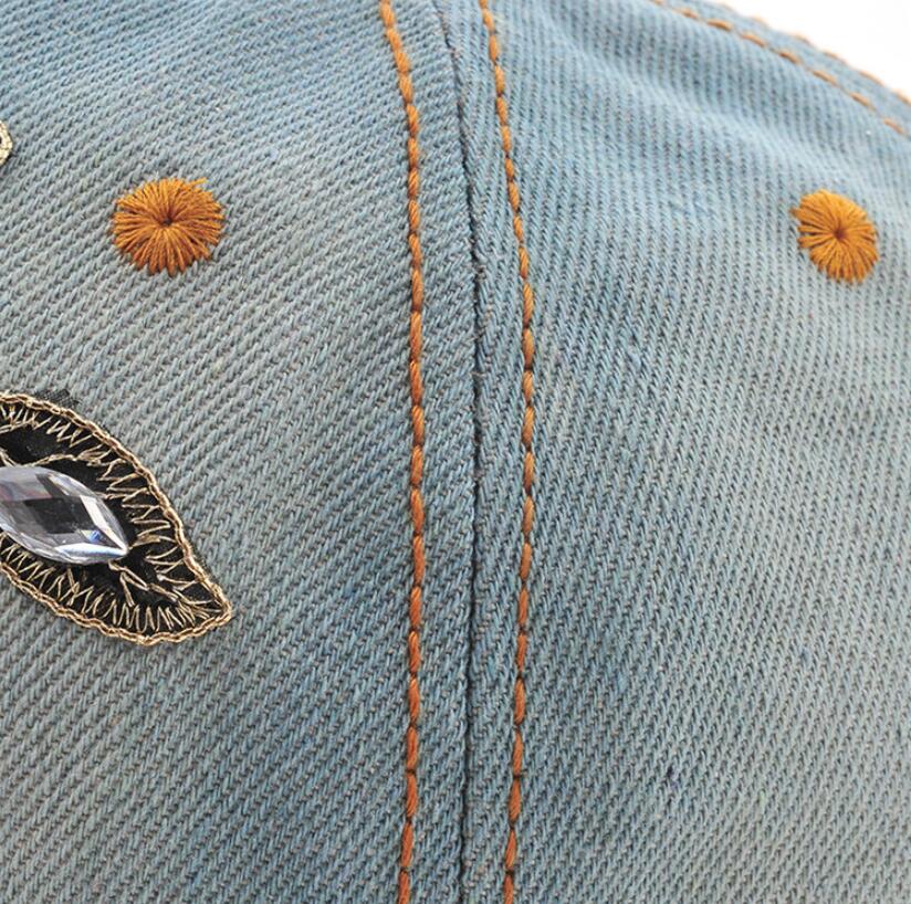 Women's Baseball Diamond Embroidery Flower Denim Snapback Cap