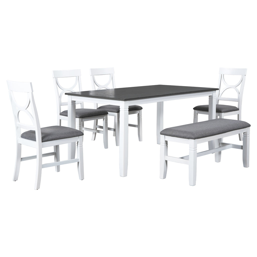 6-Piece Wood Dining Table Set Kitchen Table Set with Upholstered Bench and 4 Dining Chairs, Farmhouse Style Gray+White