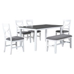 6-Piece Wood Dining Table Set Kitchen Table Set with Upholstered Bench and 4 Dining Chairs, Farmhouse Style Gray+White