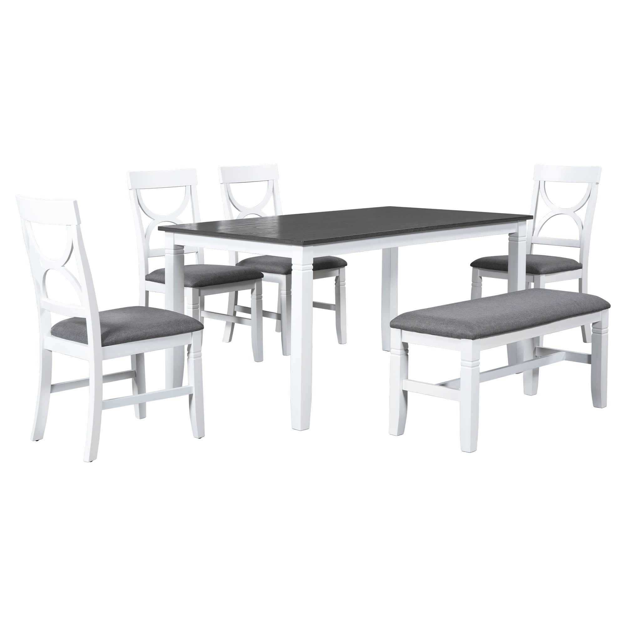 6-Piece Wood Dining Table Set Kitchen Table Set with Upholstered Bench and 4 Dining Chairs, Farmhouse Style Gray+White