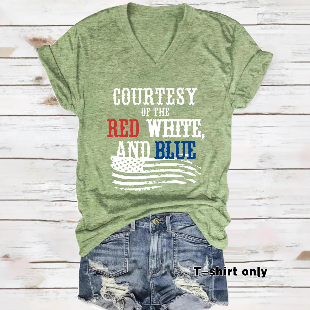 Patriotic Print V-Neck Pullover Short Sleeve