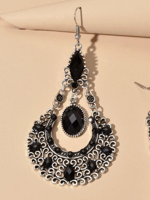 Bohemian Tribal Ethnic Antique Silver Rhinestone Hollow Water Drop Earrings