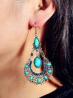 Bohemian Tribal Ethnic Antique Silver Rhinestone Hollow Water Drop Earrings