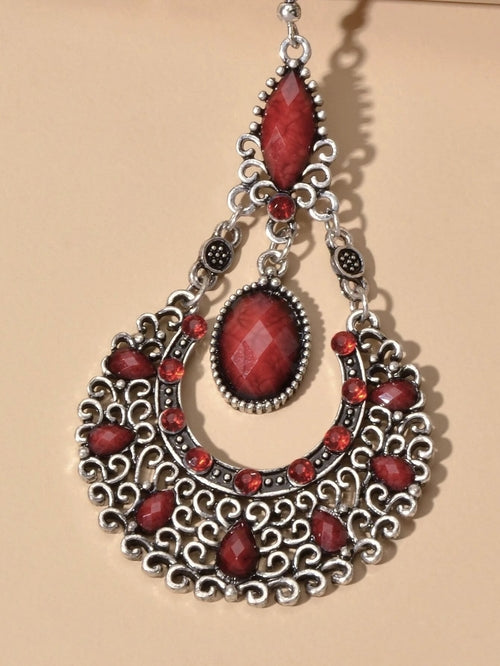 Bohemian Tribal Ethnic Antique Silver Rhinestone Hollow Water Drop Earrings