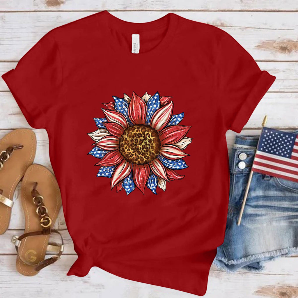 Independence Day Sunflower Print USA July 4th Fashion Short Sleeve T-shirt Unisex