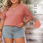 Plus Size T-Shirt Women's Solid Color Short Sleeve Top Hollow Out Printed V-Neck Top
