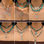 Vintage imitation turquoise collarbone chain niche bead necklace set ethnic style cactus necklace