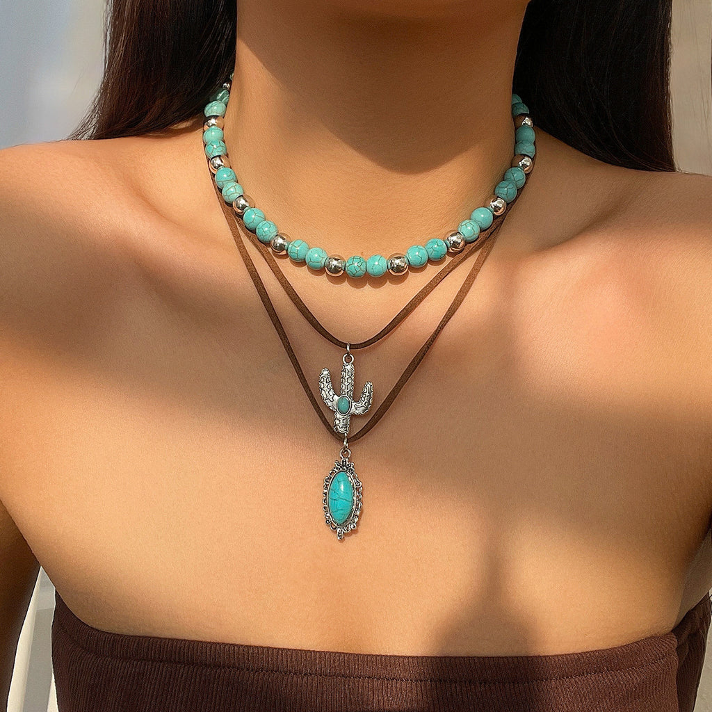 Vintage imitation turquoise collarbone chain niche bead necklace set ethnic style cactus necklace