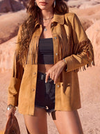 Western Style Solid Color Suede Fringe Jacket for Women
