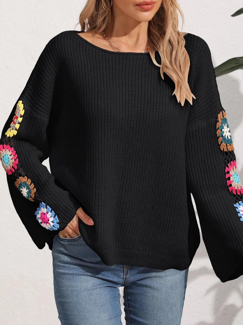 Autumn and winter women's one neck off shoulder loose top randomly mixed color crochet sweater
