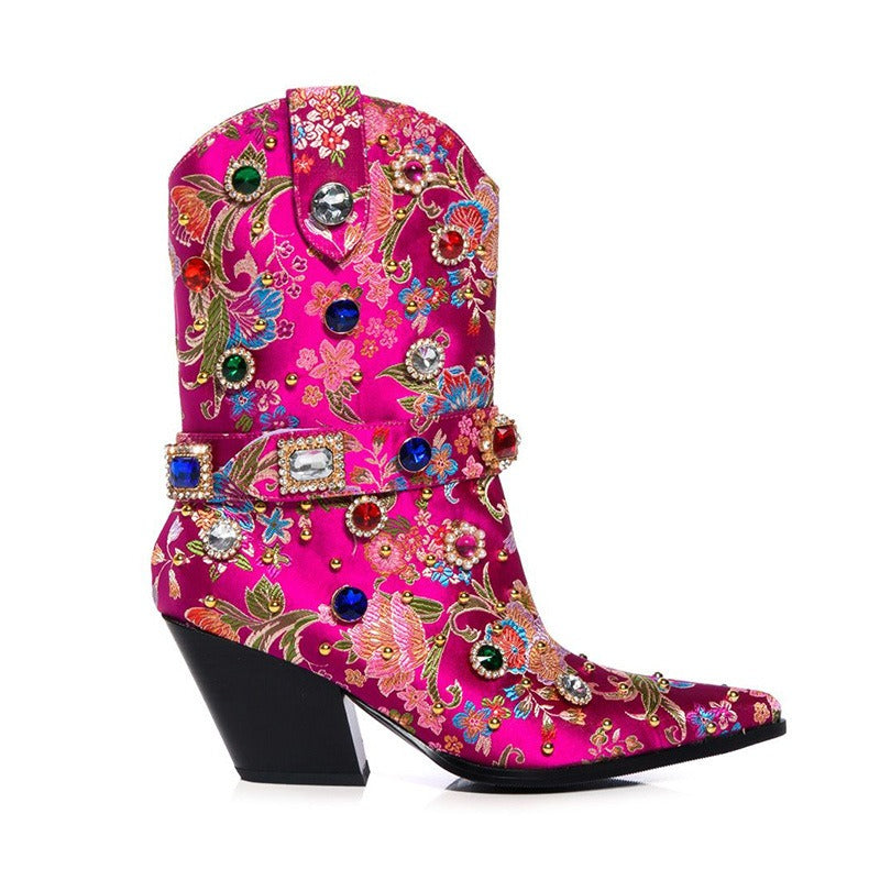 Designer Women's Gemstone-embellished Cowboy Boots Wedge Heel Floral Short