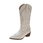 Western White Cowgirl Long Chunky High Heels Pointed Toe Boots