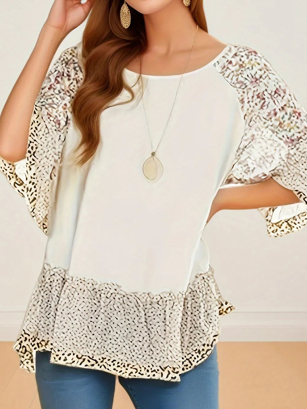 Woman's Blouse Printed Round Neck Half Sleeve Top
