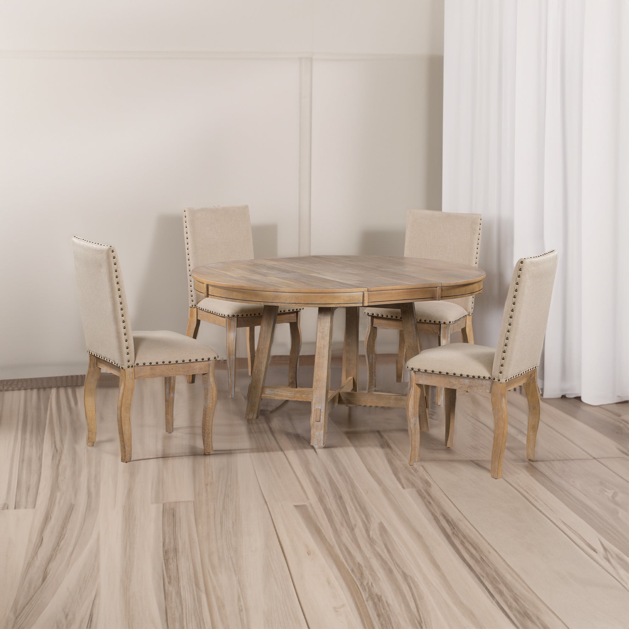 5-Piece Farmhouse Dining Table Set Wood Round Extendable Dining Table and 4 Upholstered Dining Chairs (Natural Wood Wash)