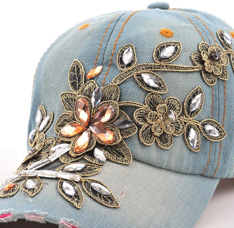 Women's Baseball Diamond Embroidery Flower Denim Snapback Cap