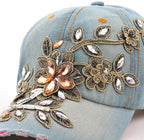 Women's Baseball Diamond Embroidery Flower Denim Snapback Cap