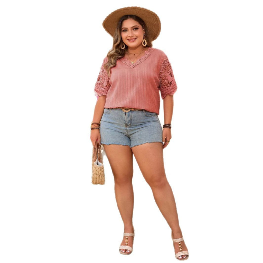 Plus Size T-Shirt Women's Solid Color Short Sleeve Top Hollow Out Printed V-Neck Top