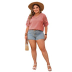 Plus Size T-Shirt Women's Solid Color Short Sleeve Top Hollow Out Printed V-Neck Top
