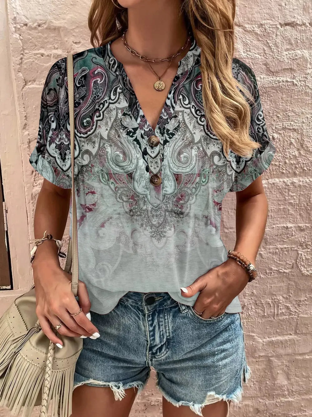 Women's Plus Size Printed Notched Short Sleeve Blouse