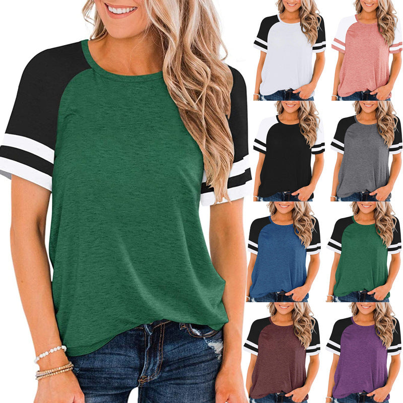 T-Shirt Summer Round Neck Short Sleeve Striped Contrast Color Loose Plus Size