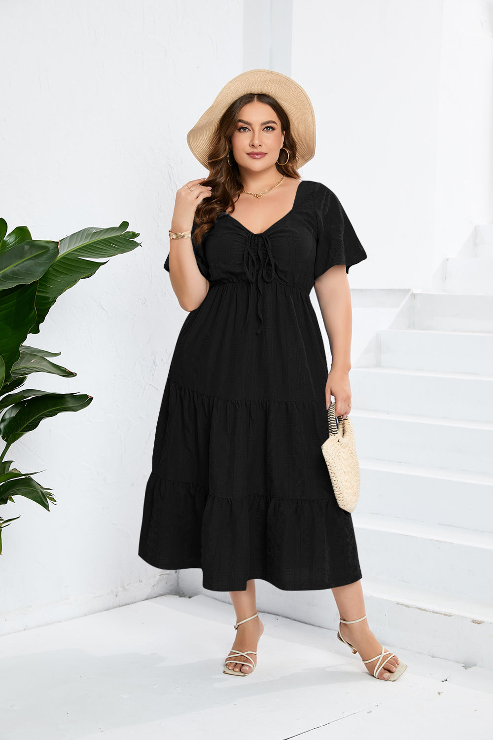 Women's V-neck High-Waist Long Dress Short Sleeve Plus Size Dress