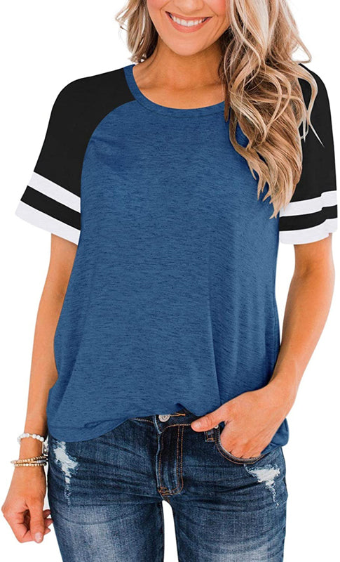 T-Shirt Summer Round Neck Short Sleeve Striped Contrast Color Loose Plus Size