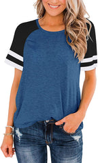 T-Shirt Summer Round Neck Short Sleeve Striped Contrast Color Loose Plus Size