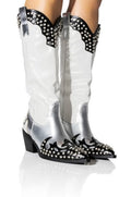 Women Metallic Leather Western Boots Crystal- embellished Patchwork Knee High Boots Female Pointy Toe Block Heels Slip-on Botas