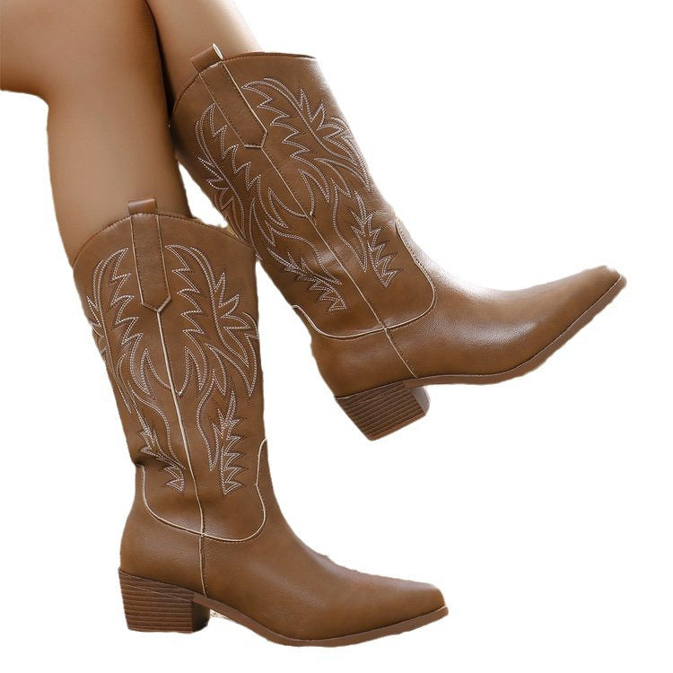 Vintage Tribal Pattern Chunky Heel Ankle Boots for Women with Embroidery Round Toe Boots