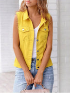 Women's Button Down Raw Hem Sleeveless Denim Jacket Vest