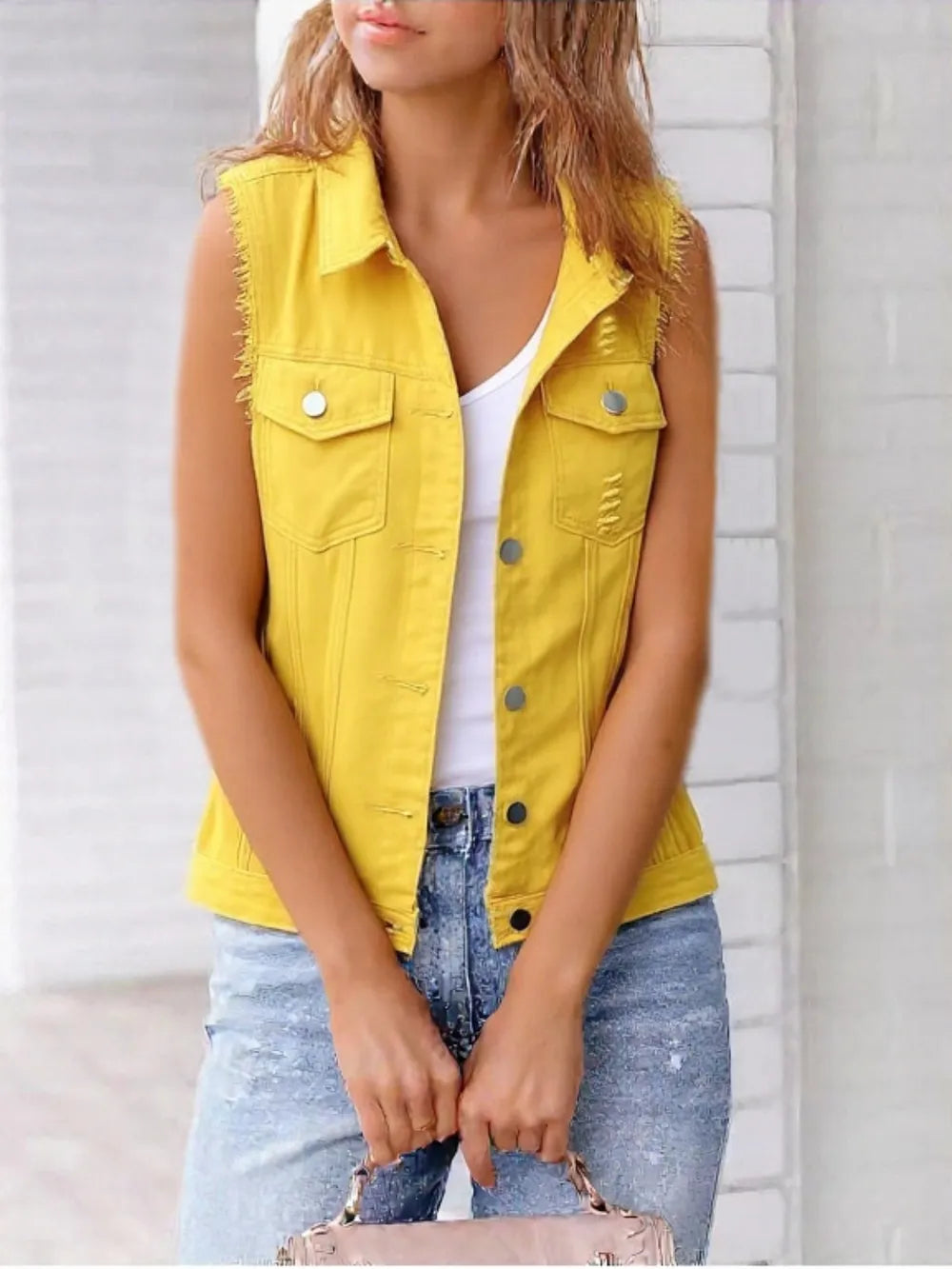 Women's Button Down Raw Hem Sleeveless Denim Jacket Vest
