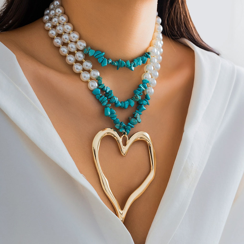 European and American retro multi-layered big love turquoise necklace niche beaded imitation pearl jewelry