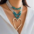 European and American retro multi-layered big love turquoise necklace niche beaded imitation pearl jewelry