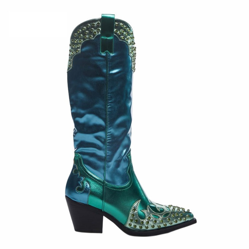 Women Metallic Leather Western Boots Crystal- embellished Patchwork Knee High Boots Female Pointy Toe Block Heels Slip-on Botas