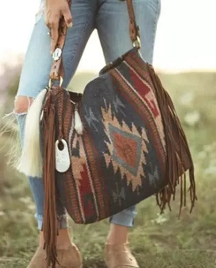 Women's Western Hobo Canvas Shoulder Bag with Geometric Design