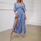 V-neck lantern sleeve waist cinched dress for beach vacation, Bohemian style beach dress