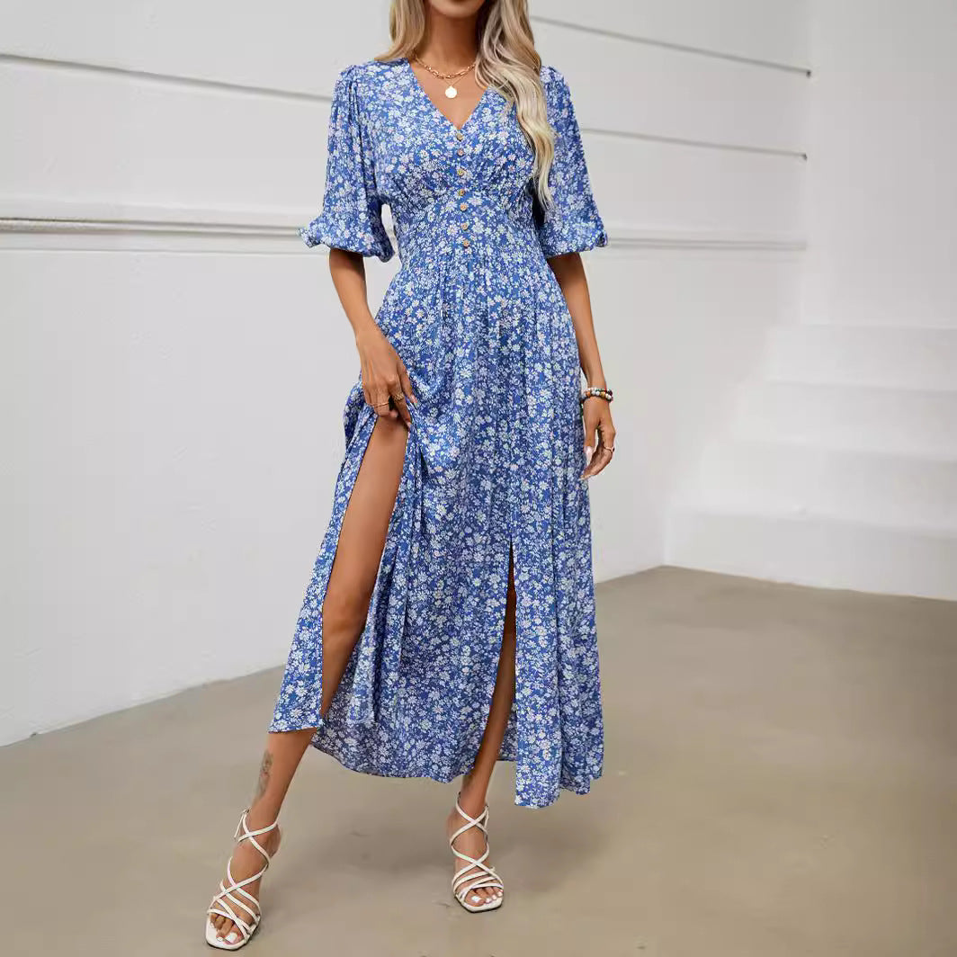 V-neck lantern sleeve waist cinched dress for beach vacation, Bohemian style beach dress