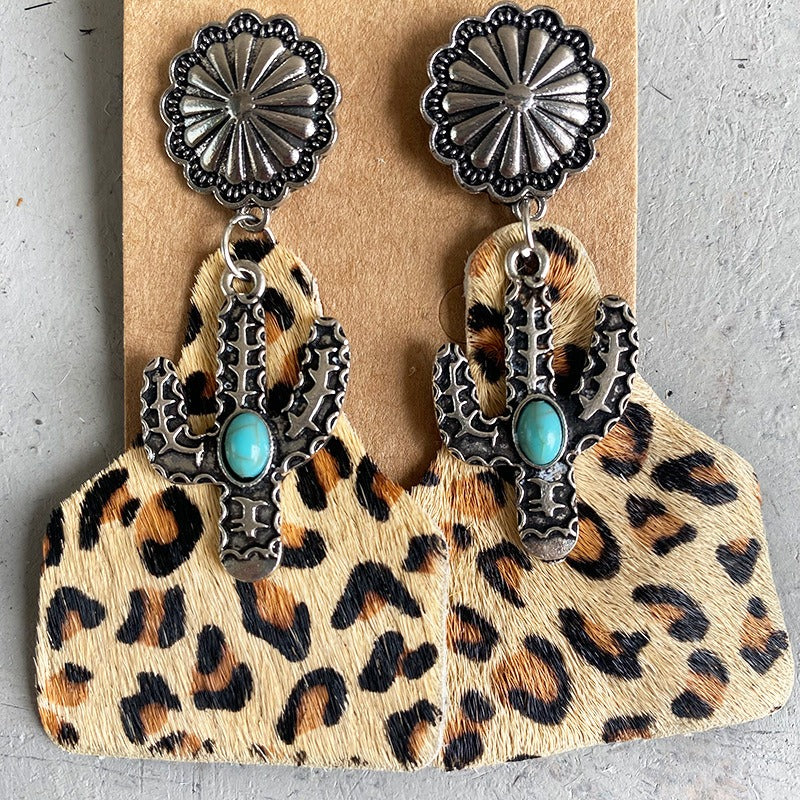 Animal Grain Leather Jewelry Bohemian Horse Hair Pumpkin Flowers Cactus Turquoise Fashion Earrings