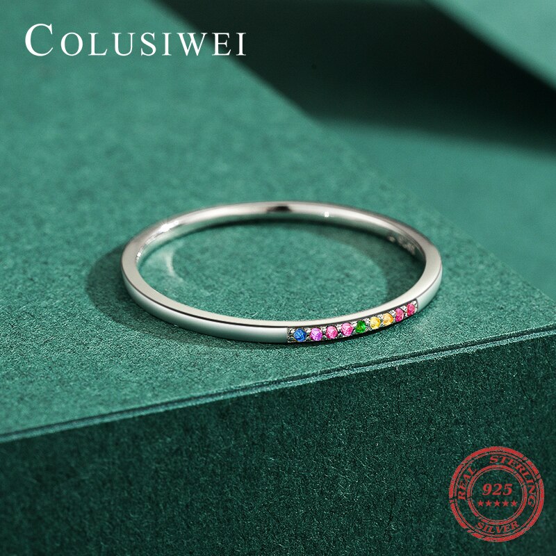 Stackable 925 Sterling Silver Pave Rainbow CZ Rrings Fashion Blue Turquoise Rings for Women Wedding Statement Jewelry