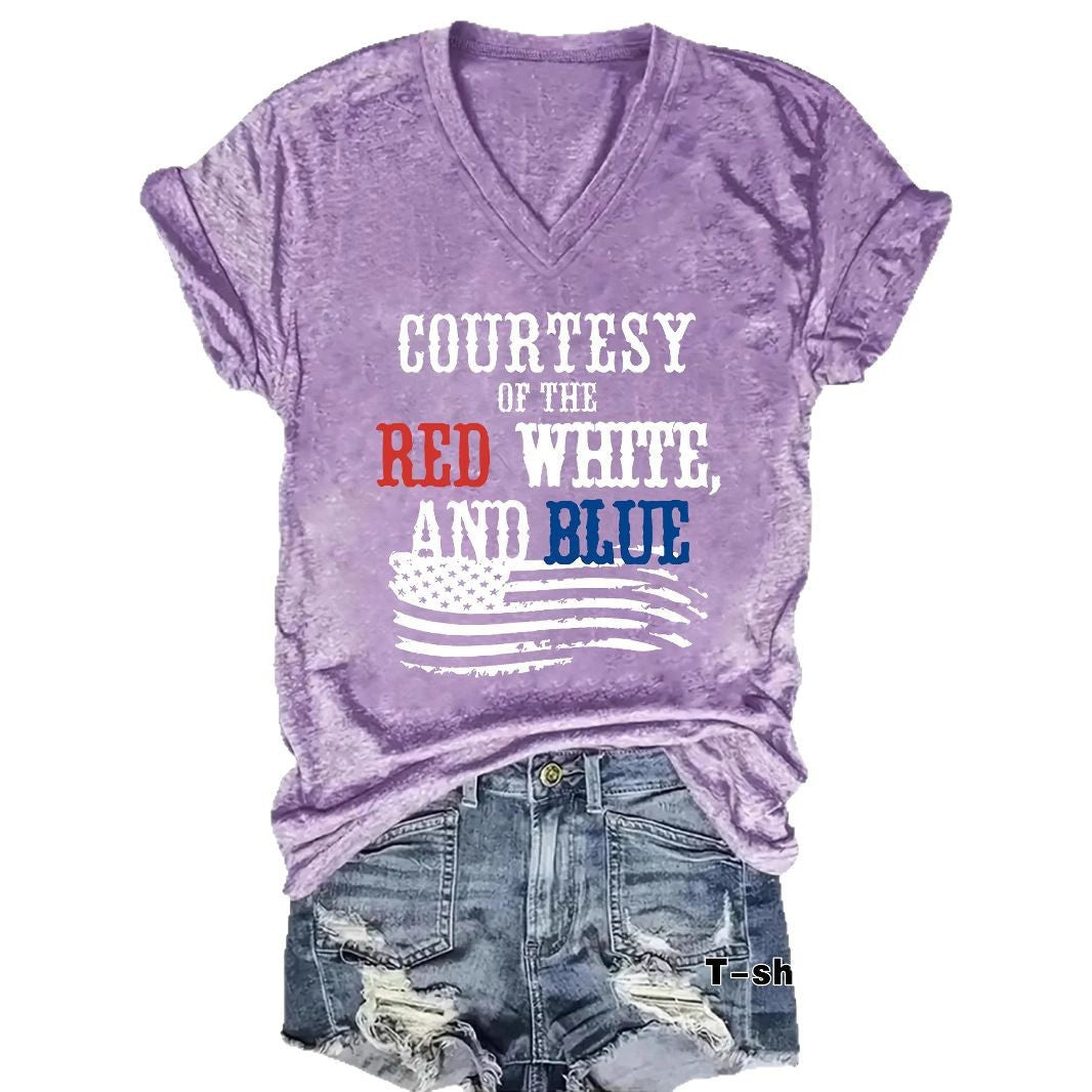 Patriotic Print V-Neck Pullover Short Sleeve