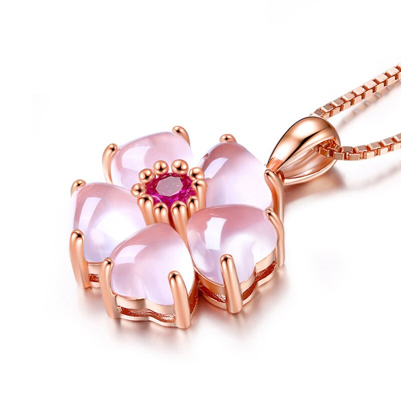 Moonstone Crystal Pink Flower Pendant Necklace Rose Gold