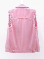 Women's Button Down Raw Hem Sleeveless Denim Jacket Vest