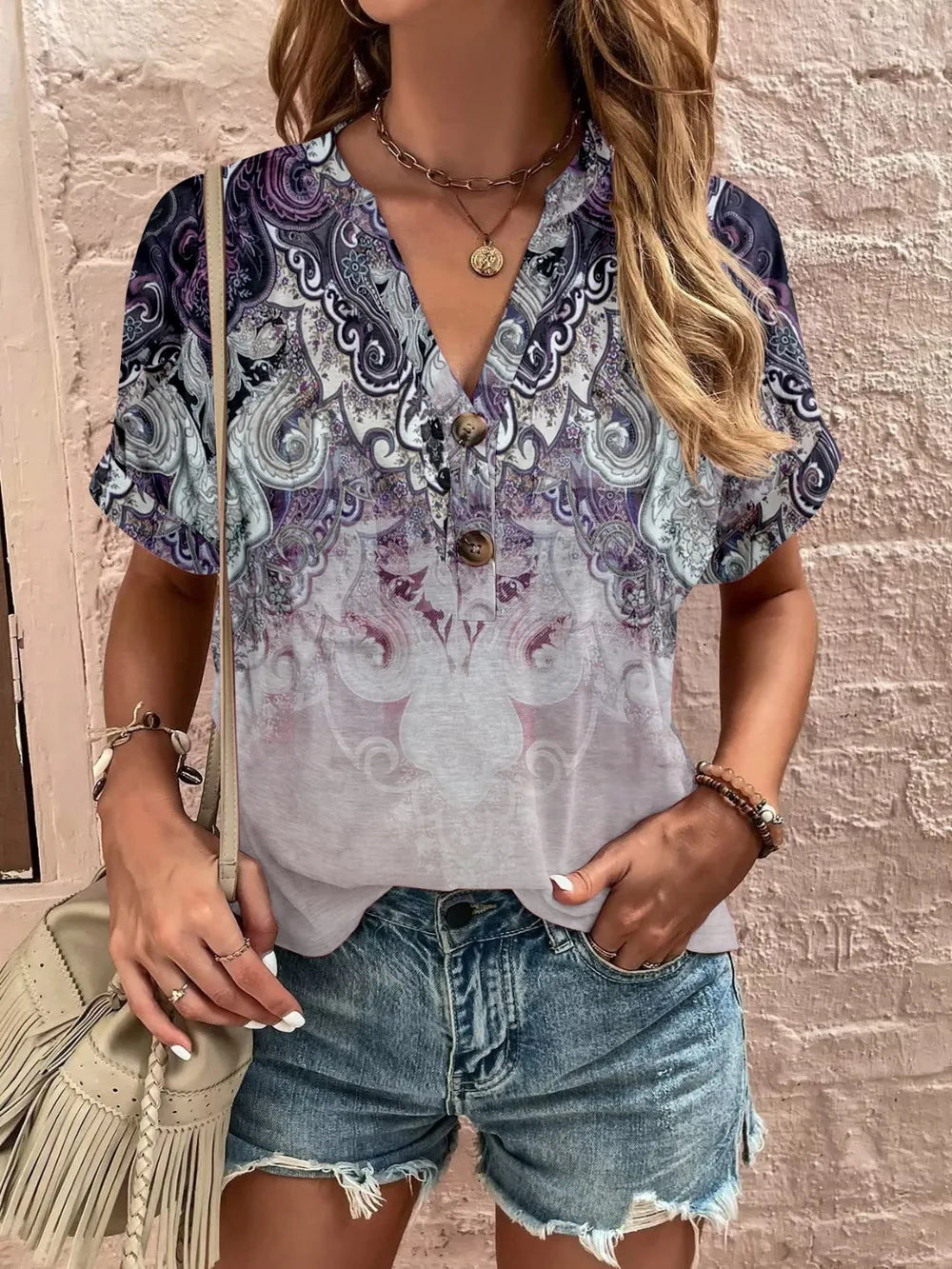 Women's Plus Size Printed Notched Short Sleeve Blouse