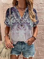 Women's Plus Size Printed Notched Short Sleeve Blouse