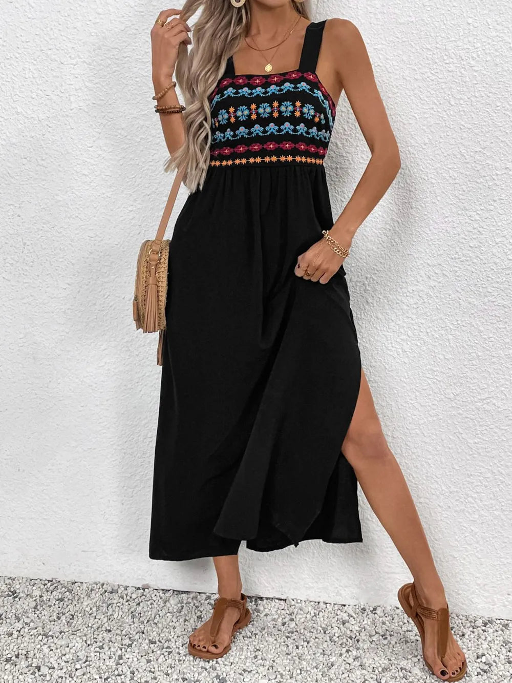 Perfee Embroidered Floral Side Slit Sleeveless Midi Dress