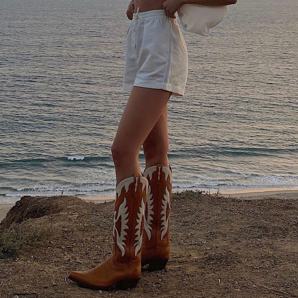 New European and American High Barrel Knight Boots Pointed Adhesive Shoes Brown Martin Boots